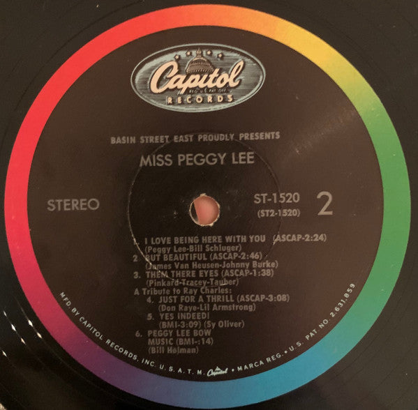 Miss Peggy Lee* : Basin Street East Proudly Presents Miss Peggy Lee Recorded At The Fabulous New York Club (LP, Album, RE, Scr)