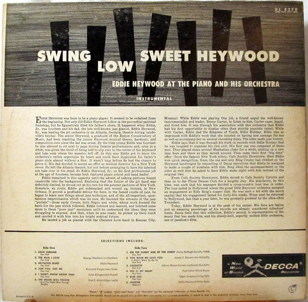 Eddie Heywood At The Piano And Eddie Heywood And His Orchestra : Swing Low-Sweet Heywood (LP, Album, Mono)