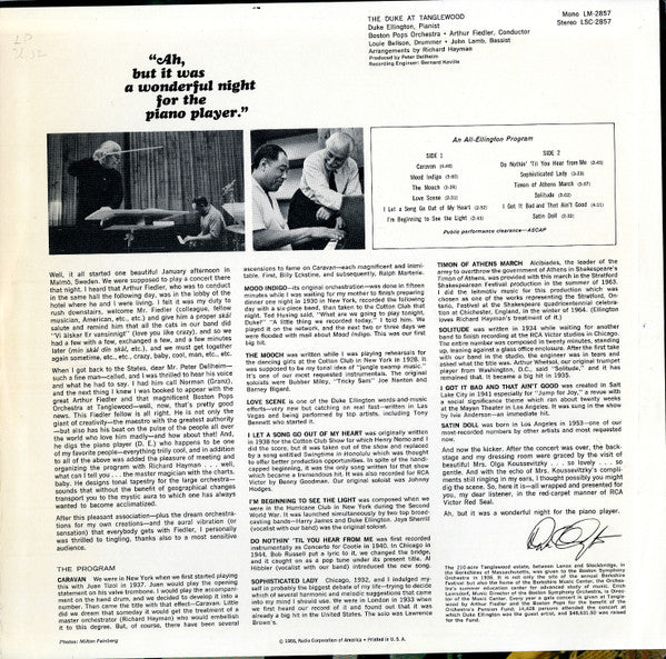 Duke Ellington • Boston Pops Orchestra • Arthur Fiedler : The Duke At Tanglewood (LP, Album)