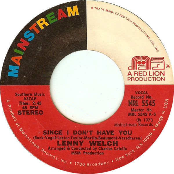 Lenny Welch : Since I Don't Have You (7")