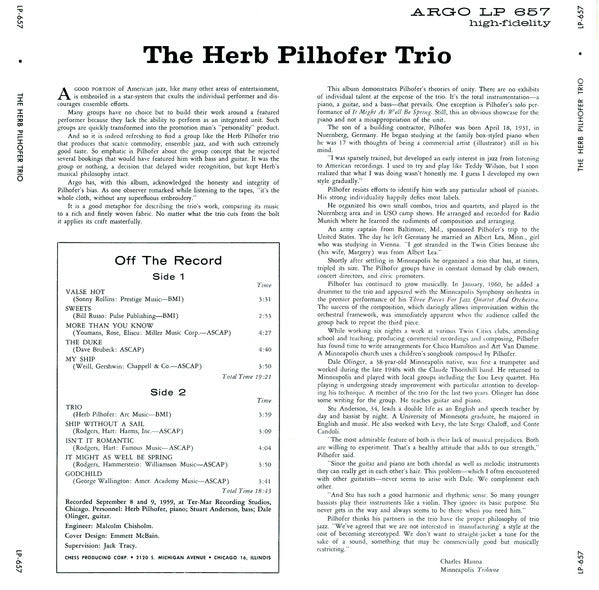 The Herb Pilhofer Trio : Jazz (LP, Album, Mono)