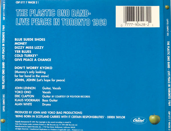 The Plastic Ono Band : Live Peace In Toronto 1969 (CD, Album, RE, RM, EMI)