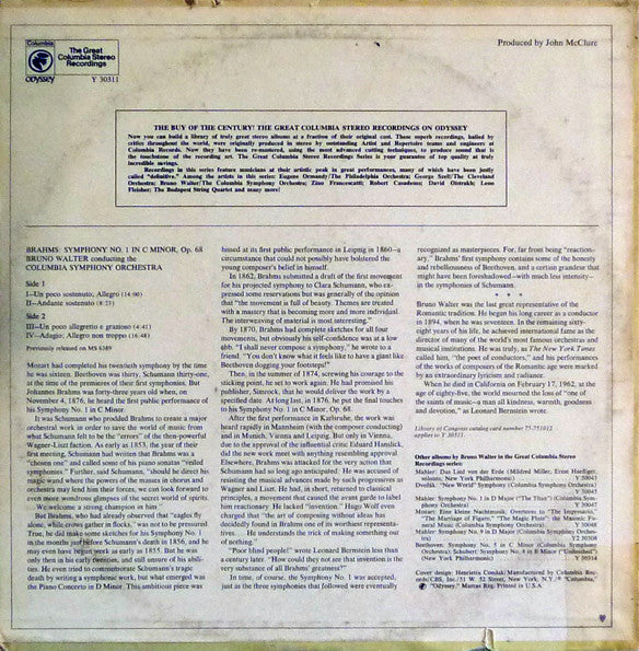 Johannes Brahms, Bruno Walter, Columbia Symphony Orchestra : Brahms Symphony No. 1 Bruno Walter (LP, RE)