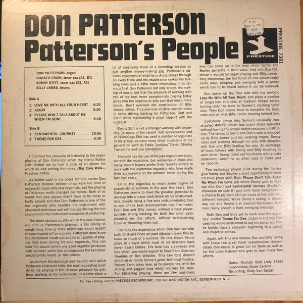 Don Patterson With Sonny Stitt And Booker Ervin : Patterson's People (LP, Album, Mono)