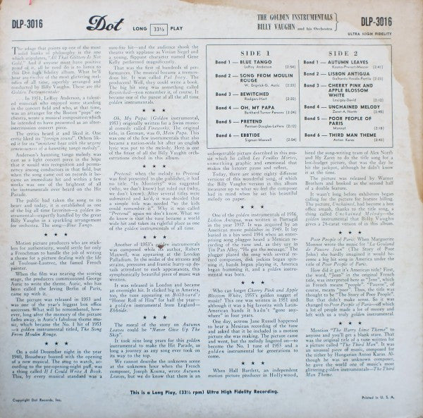 Billy Vaughn And His Orchestra : The Golden Instrumentals (LP, Album, Mono, RE)