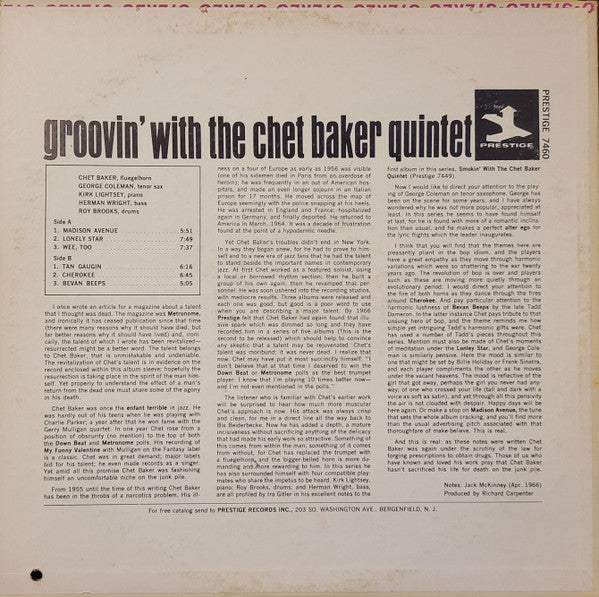 The Chet Baker Quintet : Groovin' With The Chet Baker Quintet (LP, Album, Mono)
