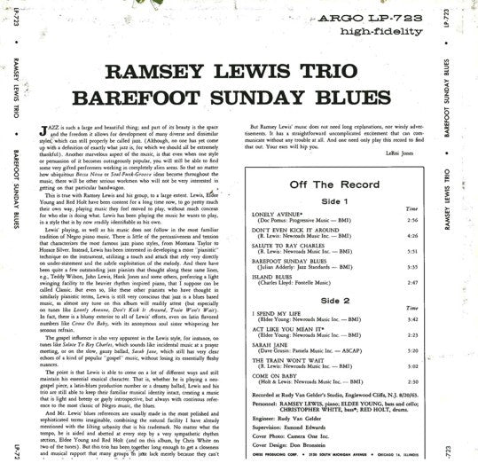 The Ramsey Lewis Trio : Barefoot Sunday Blues (LP, Album, Mono, RP, Bro)