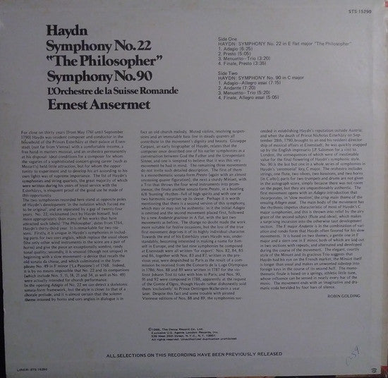 Joseph Haydn, Ernest Ansermet, L'Orchestre De La Suisse Romande : Haydn Symphony No. 22 "The Philosopher" Symphony No. 90 (LP, Album, RE)