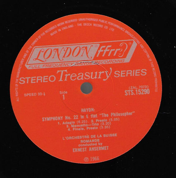 Joseph Haydn, Ernest Ansermet, L'Orchestre De La Suisse Romande : Haydn Symphony No. 22 "The Philosopher" Symphony No. 90 (LP, Album, RE)