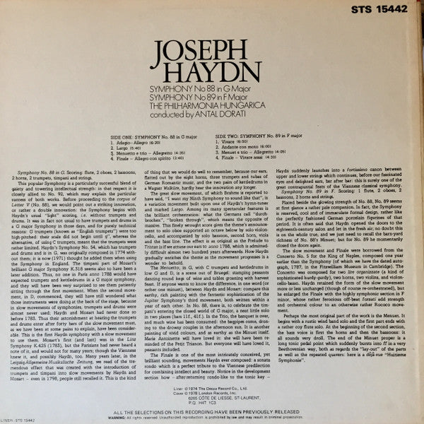 Joseph Haydn, Antal Dorati, Philharmonia Hungarica : Haydn Symphony No. 88 In G Major; Symphony No. 89 In F Major (LP)
