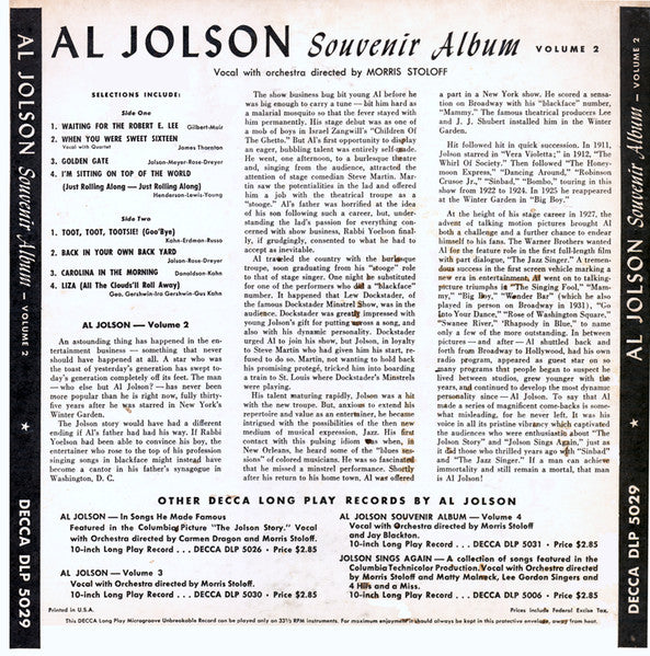 Al Jolson : Souvenir Album Vol. 2 (10", Album, Mono)