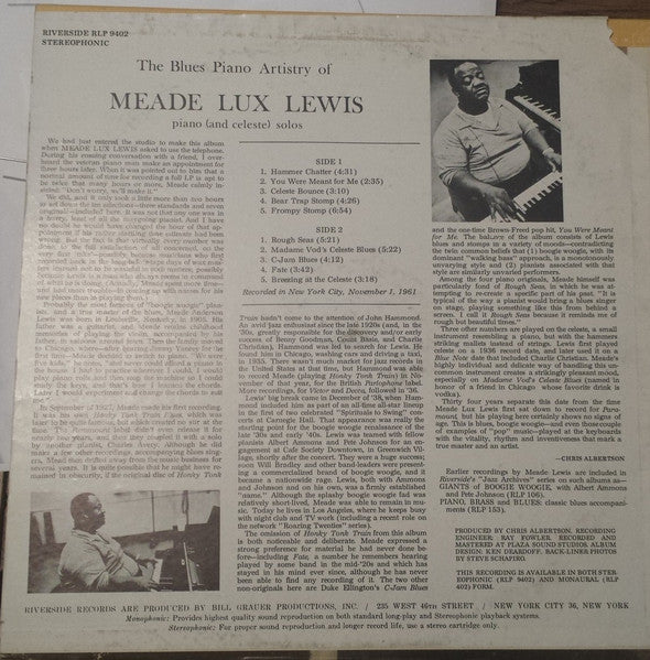 Meade Lux Lewis* : The Blues Piano Artistry Of Meade Lux Lewis (LP, Mono)