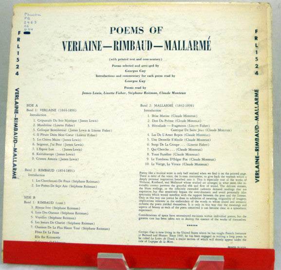 James Lewis (14) / Linette Fisher / Stephane Reitman / Claude Monteux : Poems Of Verlaine Rimbaud Mallarme (LP)