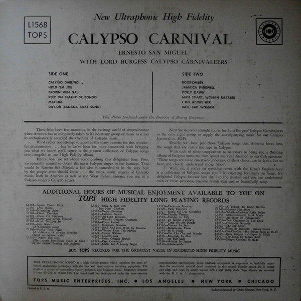 Ernesto San Miguel With Lord Burgess' Calypso Carnivaleers* : Calypso Carnival In Hi-Fi (LP, Album, Mono)