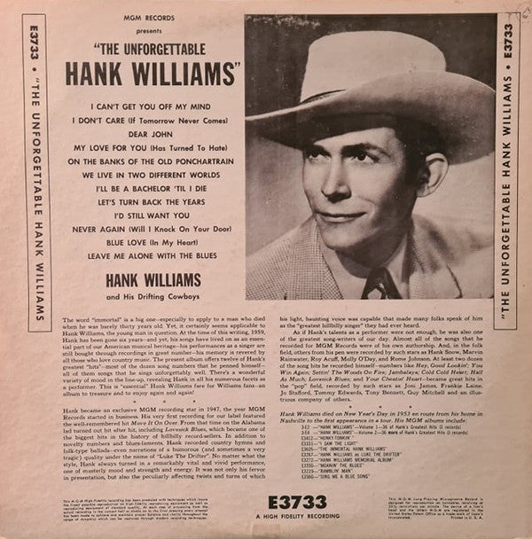 Hank Williams : The Unforgettable Hank Williams (LP, Comp, Mono, RP)