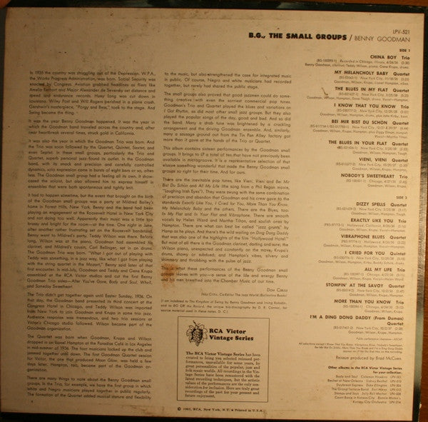 Benny Goodman : B.G., The Small Groups (LP, Comp, Mono, RE)