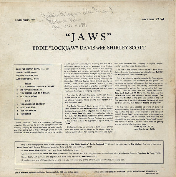 Eddie "Lockjaw" Davis With Shirley Scott : Jaws (LP, Album, Mono)