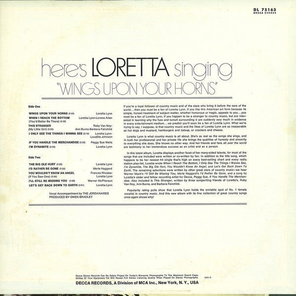 Loretta Lynn : Here's Loretta Singing "Wings Upon Your Horns" (LP, Album, Roc)