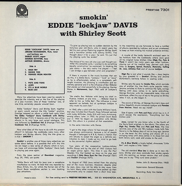 Eddie "Lockjaw" Davis With Shirley Scott : Smokin' (LP, Album, Mono)