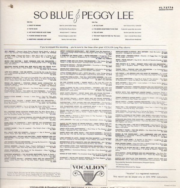 Peggy Lee : So Blue (LP, Album, Glo)
