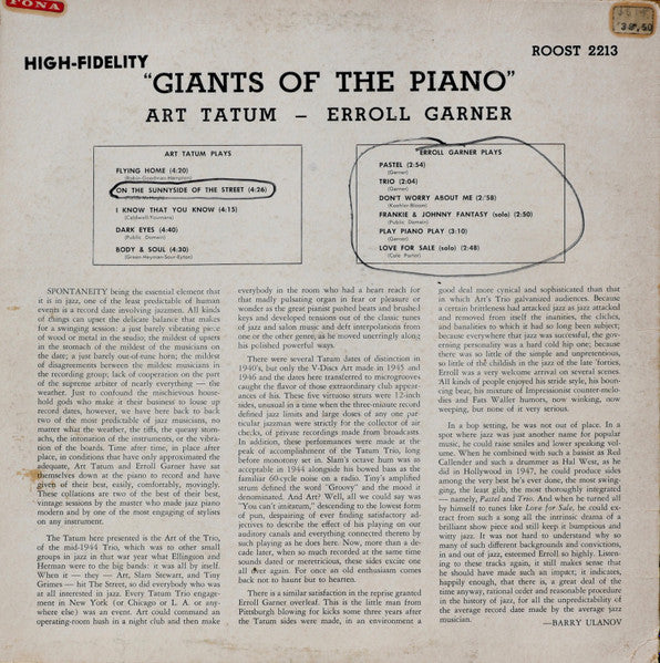 Art Tatum / Erroll Garner : Giants Of The Piano (LP, Comp, Mono)