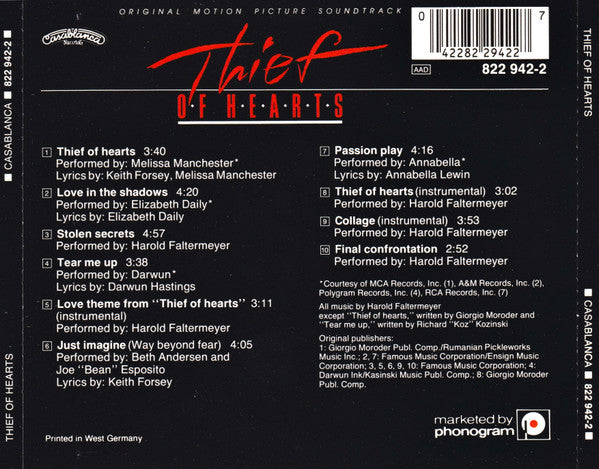 Various : Thief Of Hearts (Original Motion Picture Soundtrack) (CD, Album)