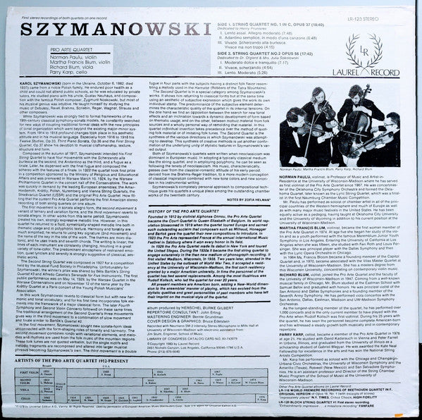 Karol Szymanowski - Pro Arte Quartet : String Quartets (No. 1 In C, Opus 37 / No. 2, Opus 56) (LP, Album)