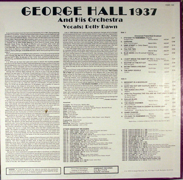George Hall & His Orchestra : The Uncollected George Hall, 1937 (LP, Mono)