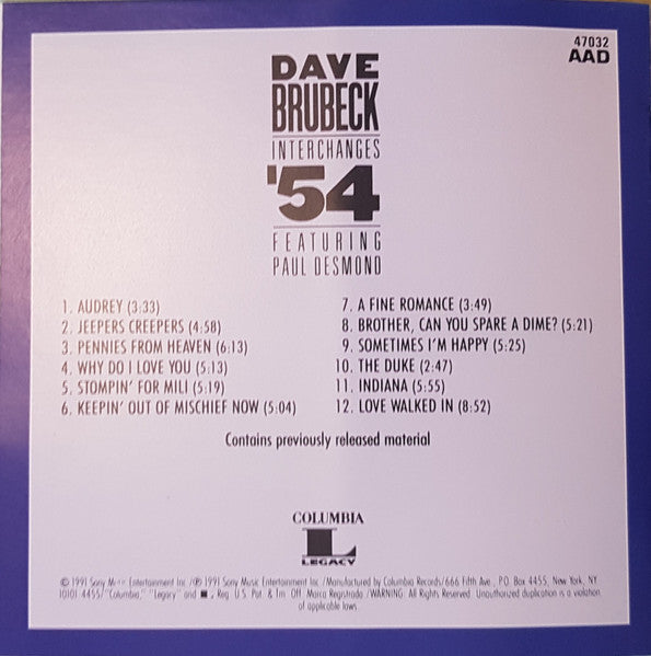 Dave Brubeck Featuring Paul Desmond : Interchanges '54 (CD, Comp, Mono, RM, RP)