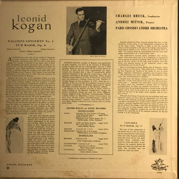 Niccolò Paganini - Leonid Kogan, Orchestre De La Société Des Concerts Du Conservatoire, Charles Bruck : Violin Concerto No. 1, Cantabile In D Major (LP)