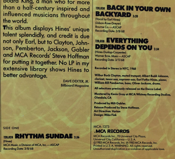 Earl Hines And His Quartet : Rhythm Sundae (LP)