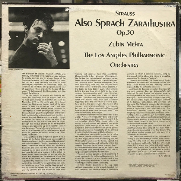 Richard Strauss, Los Angeles Philharmonic*, Zubin Mehta : Also Sprach Zarathustra (LP, Album)