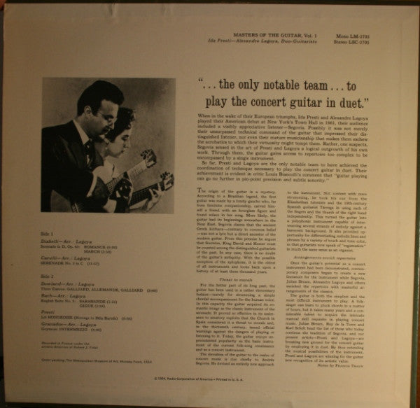 Ida Presti - Alexandre Lagoya : Masters Of The Guitar, Vol. 1 (LP, Album, Mono)