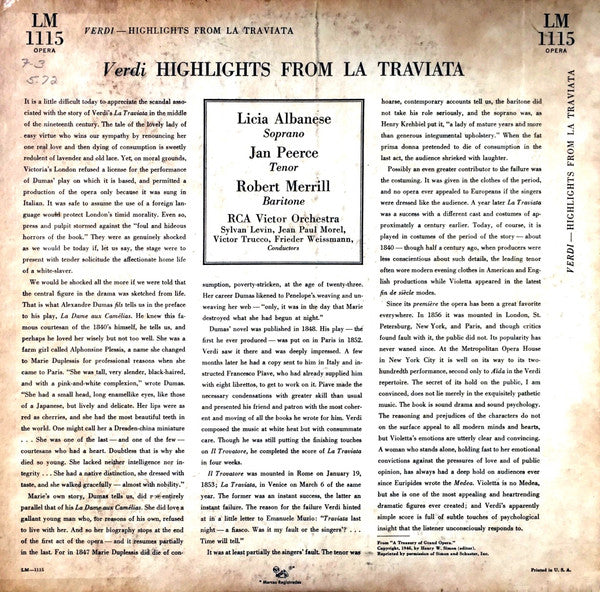 Giuseppe Verdi, Licia Albanese, Robert Merrill, Jan Peerce : Highlights From Verdi's La Traviata (LP, Mono)