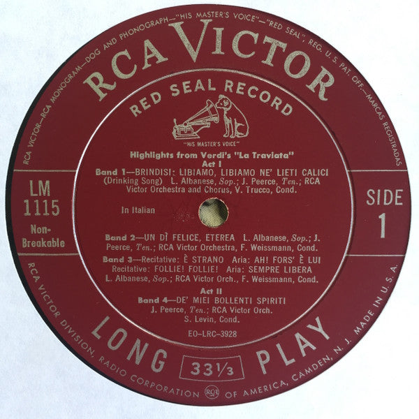 Giuseppe Verdi, Licia Albanese, Robert Merrill, Jan Peerce : Highlights From Verdi's La Traviata (LP, Mono)