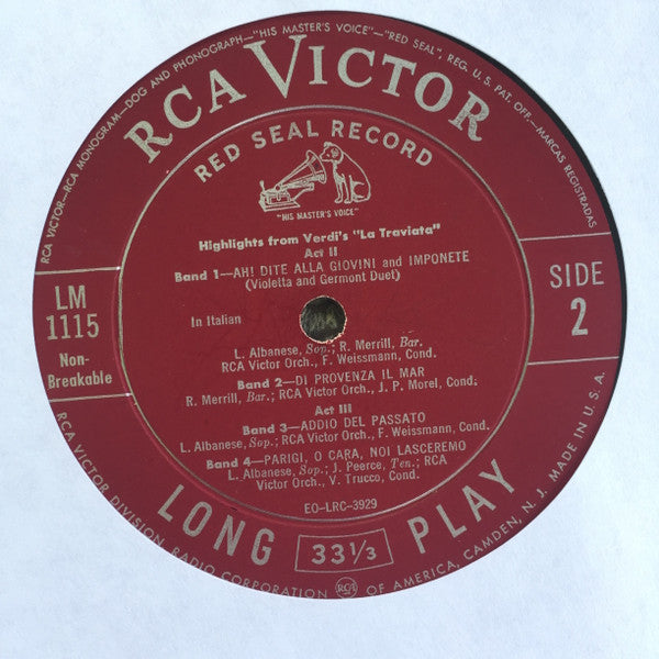 Giuseppe Verdi, Licia Albanese, Robert Merrill, Jan Peerce : Highlights From Verdi's La Traviata (LP, Mono)