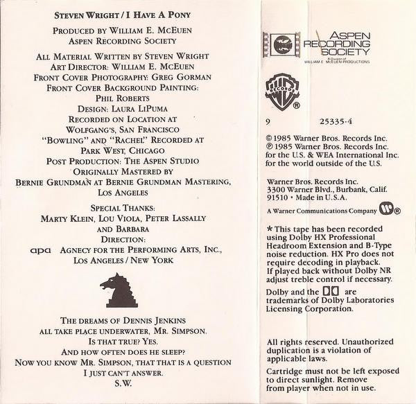 Steven Wright (2) : I Have A Pony (Cass, Album, SR,)