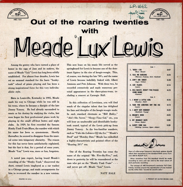 Meade "Lux" Lewis : Out Of The Roaring Twenties With Meade Lux Lewis (LP, Album, Mono)