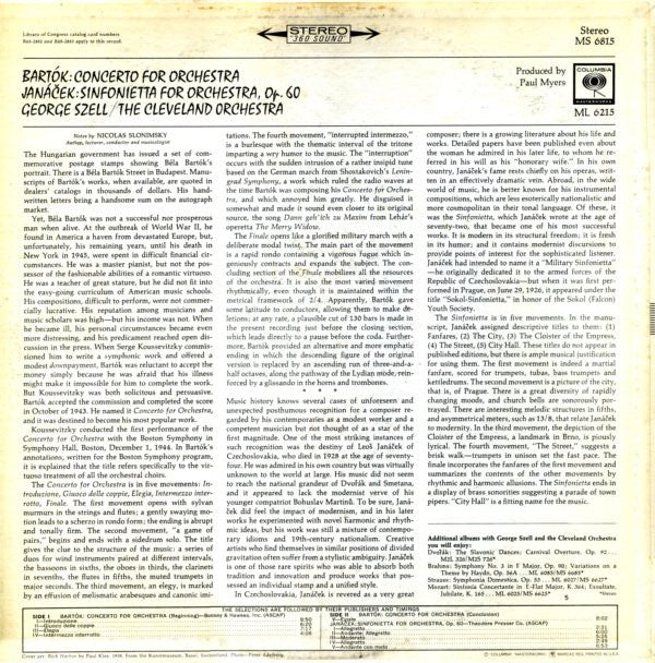 Bartók* / Janáček* - George Szell, The Cleveland Orchestra : Concerto For Orchestra / Sinfonietta (LP, Album)