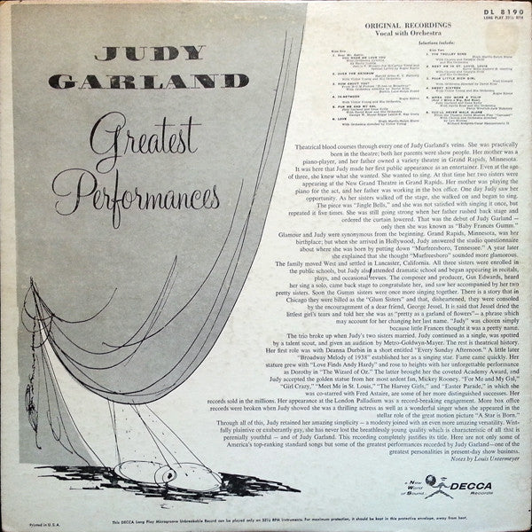 Judy Garland : Greatest Performances Original Recordings (LP, Comp)