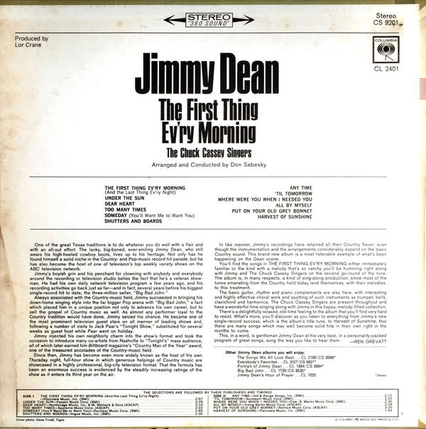 Jimmy Dean : The First Thing Ev'ry Morning (LP, Album, Ter)
