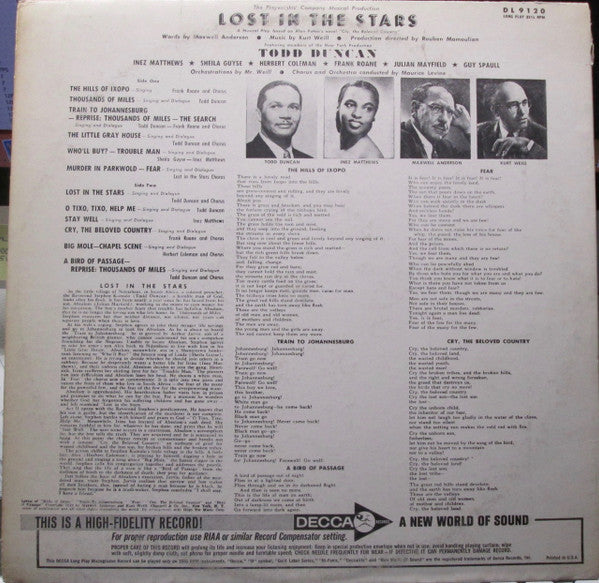 Todd Duncan (3), Maxwell Anderson, Kurt Weill, Maurice Levine : Lost In The Stars (LP, Mono, RE)