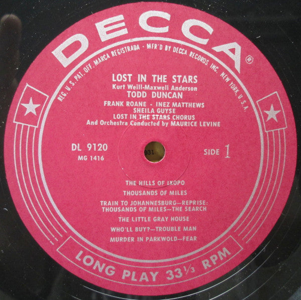 Todd Duncan (3), Maxwell Anderson, Kurt Weill, Maurice Levine : Lost In The Stars (LP, Mono, RE)