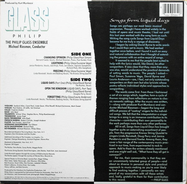 Philip Glass : Songs From Liquid Days (LP, Album)