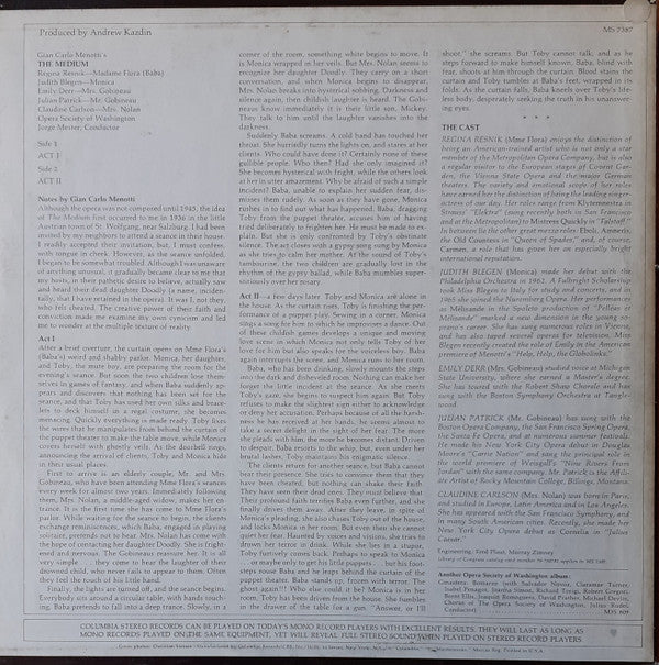 Gian Carlo Menotti - Regina Resnik, Judith Blegen, Opera Society of Washington, Jorge Mester : The Medium (LP, Album)