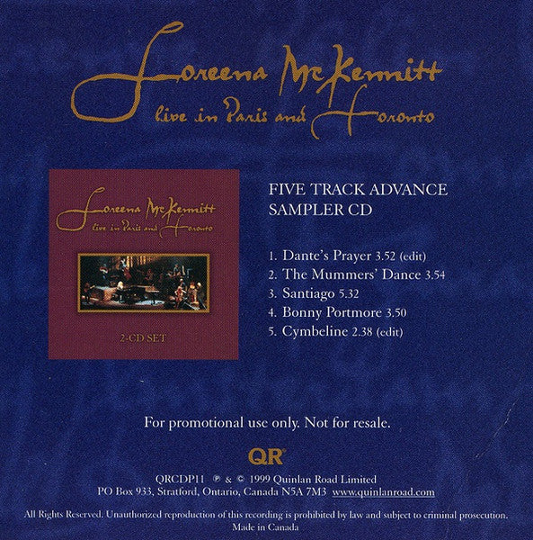 Loreena McKennitt : Live In Paris And Toronto (Five Track Advance Sampler CD) (CD, Promo, Smplr)