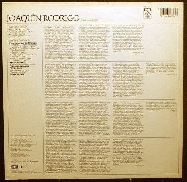Joaquín Rodrigo - Angel Romero (2), London Symphony Orchestra - André Previn : Concierto De Aranjuez / Fantasia Para Un Gentilhombre (LP, RM, Dir)