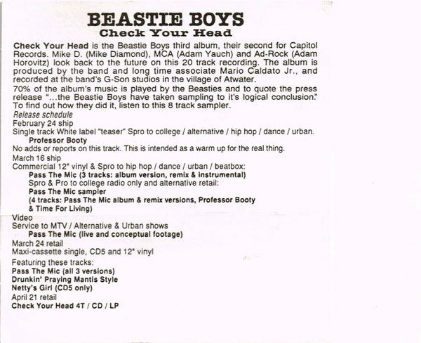 Beastie Boys : Check Your Head (Cass, Promo, Smplr, Dol)