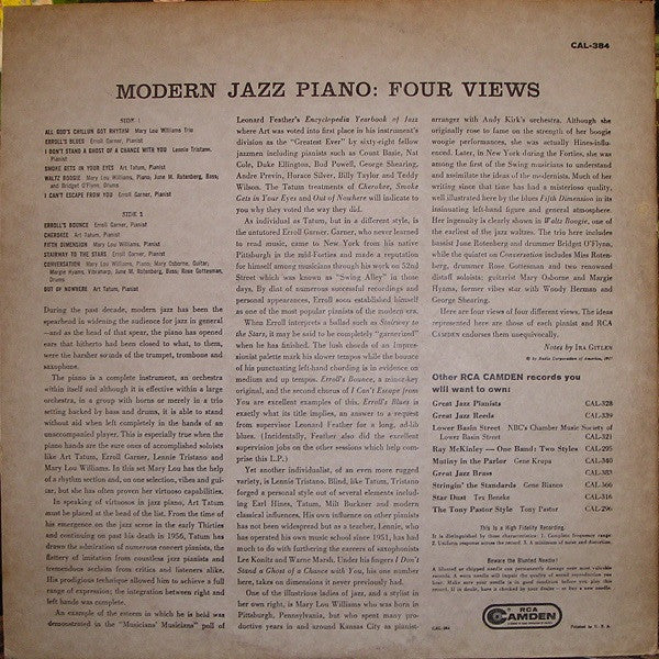 Mary Lou Williams / Art Tatum / Erroll Garner / Lennie Tristano : Modern Jazz Piano: Four Views (LP, Comp, Mono)