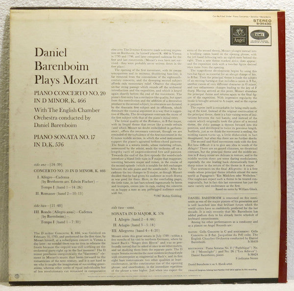 Daniel Barenboim Plays Wolfgang Amadeus Mozart, English Chamber Orchestra : Piano Concerto No.20 In D Minor, K.466 / Piano Sonata No. 17 In D, K.576 (LP, Album)